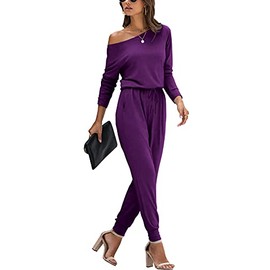 Dearcase Women's Elegant Off Shoulder Loose Jumpsuit Short Sleeve Playsuit Stretchy Jumpsuit Trouser Suit Elastic Waist Romper with Pockets, B6 purple, xl