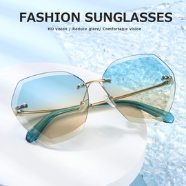 AEVOGUE Sunglasses For Women Oversized Rimless Diamond Cutting Lens Sun Glasses AE0534 (Gold Frame Upper Peafowl Green Lower Brown)