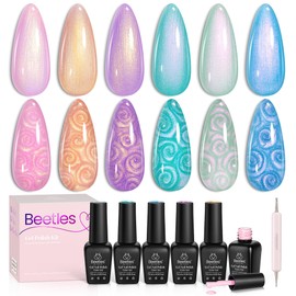 Beetles Pearl Gel Nail Polish, 6 Colors Shimmer Glitter Gel Pink Purple Orange Mermaid Nail Drawing Summer Nail Polish Dreamy Carousel Soak Off Uv Swirl Shell Thread Effect DIY Manicure Gift for Women
