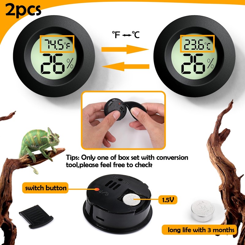 Reptile Tank Accessories, 2 PCS Reptile Thermometer and Humidity Gauge