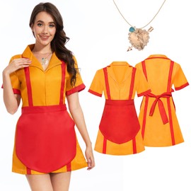 Risingor 2 Broke Girls Costume, Caroline and Max Costume with Broke Girls Apron Necklaces, Women's Waitress Costume, Maid Dress for Women, Carnival, Birthdays, Cosplay, Theme Party (L)