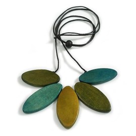 Avalaya Olive/Teal/Green Wood Leaf with Black Cotton Cord Necklace - 96cm Long - Adjustable
