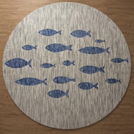 LR Home 8ft Round Indoor/Outdoor Area Rug for Home Decor | Coastal School of Fish Large Size Carpet for Living Room, Bedroom, Playroom, Patio, Garden | Nautical Farmhouse Rug | Gray/Navy