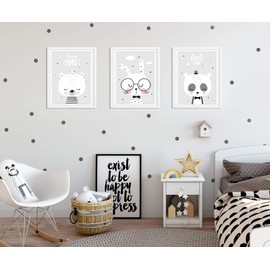 artpin® Set of 3 Posters Children's Room Decoration - Pictures Baby Room DIN A4 - Wall Pictures Girls Boys Black White Grey - Children's Poster Panda Bear Rabbit Clouds (P46)