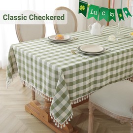 Laolitou Checkered Tablecloth Rectangle Washable Heavy Duty Buffalo Plaid Table Cloth with Tassel Cotton Linen Gingham Table Cover for Holiday Picnic Kitchen Dining Room, Green, 86 Inch