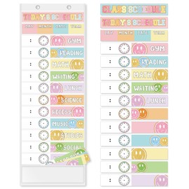 JarThenaAMCS Pastel Smile Face Daily Schedule Pocket Chart 13 x 35.5 In Glitter 13 + 1 Pocket Visual Schedule Chart Board with 24 Card for Classroom Home Office Supplies