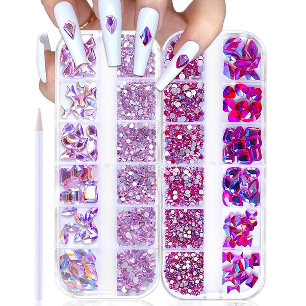 WOKOTO 2 cajas de diamantes de imitación de uñas con parte trasera plana rosa y rosa AB para uñas, diamantes de imitación para uñas acrílicas, piedras para uñas, cristales para uñas