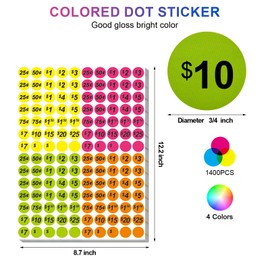 Garage Sale Price Stickers, 1400 PCS 3/4 Inch Price Stickers for Yard Sales, Flea Markets, County Fairs & Retail Use, Pricemarker Labels, 4 Colours Round Price Tags