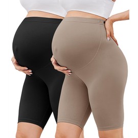 BAYDI Creamlush Pack of 2 Maternity Shorts - 20 cm Soft Maternity Cycling Shorts for Yoga Home Pyjamas Pregnancy Leggings, 2 Pack - Black/Khaki, M