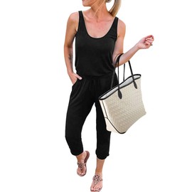 KIRUNDO Women's 2025 Summer Jumpsuits Casual Sleeveless Jumpsuit Drawstring Waist Long Pant Romper Pajama with Pockets(A-Black, Small)
