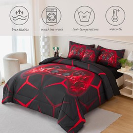 ZRNBAST 6 Pcs Gamer Comforter Set Twin Size Game Console Comforter Set Red Flame Geometric Gamepad Microfiber Bedding Sets Teen Gamepad Gaming Bed in a Bag (Red,Twin)