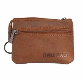 BAWAKO Genuine Leather Coin Purse, Small Coin Purse for Men and Women, with Two Compartments, Zip, Keyring, Mini Coin Purse Wallet, Purse, S, light brown, S