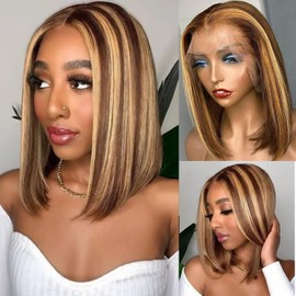 Short Bob Wig Real Hair Human Hair Glueless Wig 13 x 4 Lace Frontal Wig Bob Wig Natural Black Transparent Lace Front Wig Pre Plucked with Baby Hair (4/27 Bob Wig Human Hair, 14 Inches)
