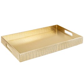 Home Redefined 18"x12" Gold Glossy Crocodile Faux Leather Serving Tray Beautiful Modern Elegant Decorative Tray with Handles Ottoman Coffee Table Tray for All Occasion's