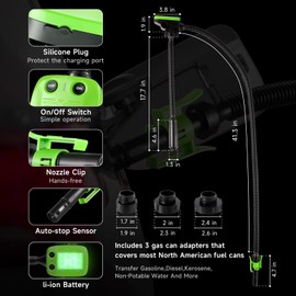 Automatic Fuel Transfer Pump with Auto-Stop Sensor(3.2 GPM), USB Rechargeable 41" Hose Electric Fuel Pump, Built-in Lithium Battery Power Portable Gas Can Pump For Gasoline Diesel-3 Tank Adapters