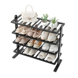 Black Shoe Rack, 4-Tier Bamboo Shoe Rack Organizer for Closet and Entryway, Thick Wooden Free Standing Shoe Shelf for Small Spaces, Sturdy & Versatile for Bedroom, Bathroom, Garage