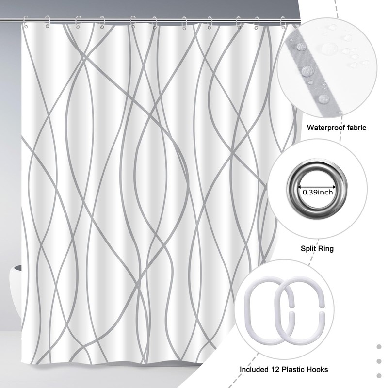 Punkray Polyester Shower Curtain Grey and White Striped for Bathroom