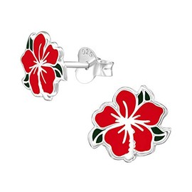 Bungsa Hibiscus Flower Children's Stud Earrings .925 Sterling Silver, enamel, No Gemstone