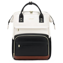 LOVEVOOK Leather Backpack for Women,18 inch Leather Laptop Backpacks Women,Professional Work Backpacks Nurse College Teacher Bag,Womens Laptop Tote Bag Computer Travel Backpack,Beige White-Black-Brown