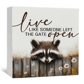 Nitelat Raccoon Sign - Live Like Someone Left The Gate Open Wooden Box Signs, Raccoon Decor, Farmhouse Trash Panda Wood Decoration Home Decor For Desk Table Shelf 5x5 Inch