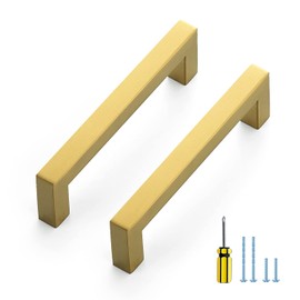 Ravinte 3 Pack Gold Cabinet Pulls 4-1/2 Inch Brushed Brass Kitchen Cabinet Handles Gold Square Kitchen Hardware for Cabinet Gold Kitchen Drawer Pulls Come with Screwdriver