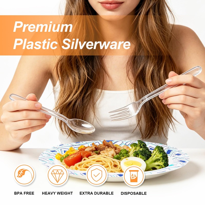 Lamosi 360 Count Extra Heavy Duty Clear Plastic Silverware Set,