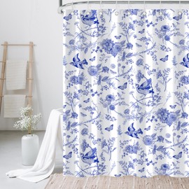 JarThenaAMCS Blue White Floral Shower Curtain Chinoiserie Flower Bird Bathroom Decoration Waterproof Fabric Bath Curtain Set with Hooks for Home Hotel Decor Supplies, 72 x 72 Inch