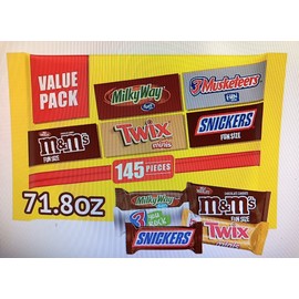 MARS MILK CHOCOLATE VARIETY PACK CANDY, FUN SIZE SNICKERS/TWIX (145 Ct), 71 oz