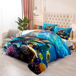 DYcolor Deep Blue Sea Turtle Bedding Quilt, 3-Piece Tropical Fish Coral Reef Sea Creatures Comforter Set with 1 Comforter and 2 Pillow Cases for Kids, Teens (06, Twin)