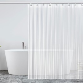 BOZKAA Shower Curtain, Waterproof 180 x 200 cm Shower Curtain, Washable, Quick-Drying Fabric, Polyester Bath Curtain with 12 Shower Curtain Rings, White (Transparent)