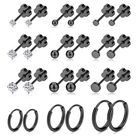 MJust Hypoallergenic Surgical Steel Screw Backs Earrings for Women & Men– 20G Cartilage Hoop & Stud Set with CZ Ball Dot (Black)