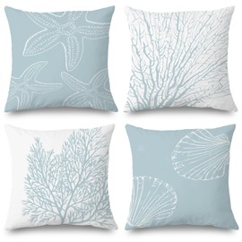 Supwhd Coastal Beach Pillow Covers 18x18 Set of 4 - Beachy Room Decor Aesthetic, Coastal Beach House Decor, Starfish Seashell Coral Coastal Beach Decorative Throw Pillow Covers (Double-sided)