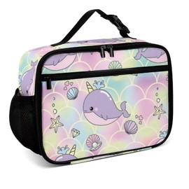 Muishi Cute Narwhal Reusable Lunch Box Insulated Lunch Bag Cooler Bag Lunchbox Meal Food Container Tote Bag for Women Kids Girls School Camping Hiking Picnic Beach Travel