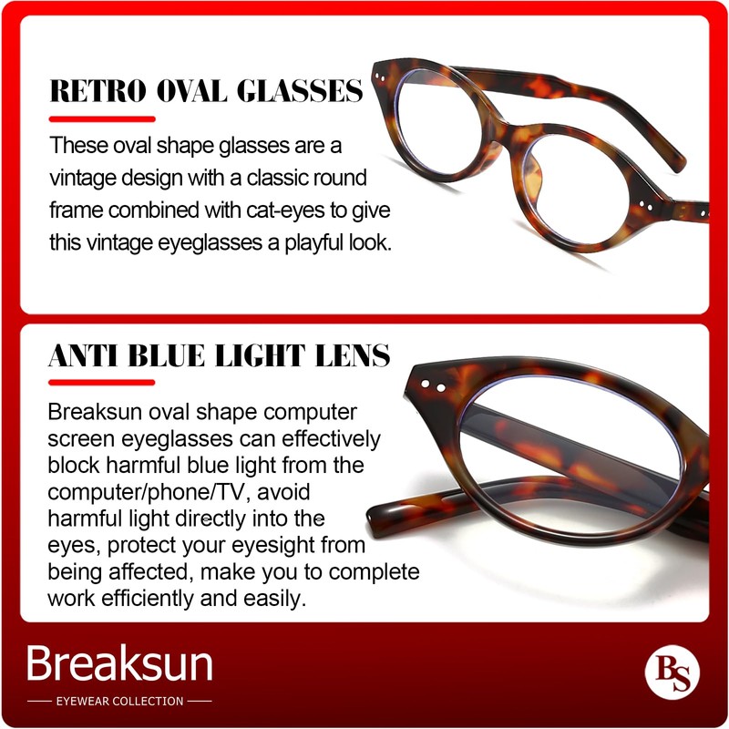 Breaksun Retro Oval Glasses for Women Men Small Face Cat-eye