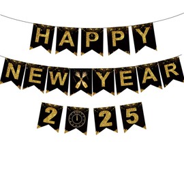 AIBAOBAO Happy new year banner 2025 New Year's Eve decorations 2025 photo props black gold New Year's Eve photo props banner New Year's Day party decoration