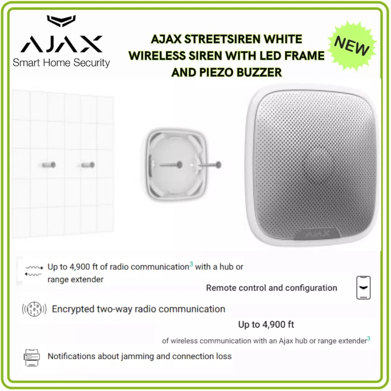 AJAX STREETSIREN WHITE WIRELESS SIREN WITH LED FRAME AND PIEZO
