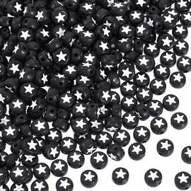 OIIKI 250PCS Round Star Pattern Beads for Jewelry Making, 0.15 x 0.26 in Black Flat Disc Acrylic Star Loose Beads for DIY Crafts, Bracelets, Necklace (Black Bead, White Star)