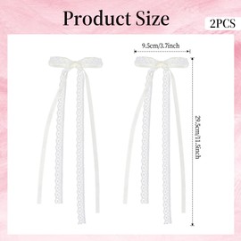2Pcs White Lace Hair Bow Clips, Lace Hair Bow with Long Tail, Ribbon Bows for Hair, Cute Hair Ribbons, Ribbon Bows Satin Hair Clip for Hair Design