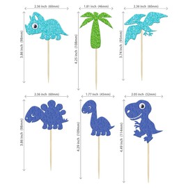24 piezas de decoración de cupcakes de dinosaurio con purpurina azul para baby shower, decoración de tartas de dinosaurio, para bebés, niños, suministros de fiesta de cumpleaños