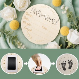 Laoyuss Baby Announcement Sign, 5.9inch Round Wooden Hello World Newborn Signs, Birth Announcement Sign: Equipped with Ink Pad Can Baby Handprints and Footprints for Photo Prop Hospital Nursery Gift