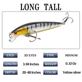 MARJELLY Floating Fishing Lure Casting Bait Sinking Bass Lures Trolling Minnow with Strong Hooks Topwater Crankbaits Artificial Jerkbait for Walleye Trout Freshwater Saltwater, Yellow Head Silver