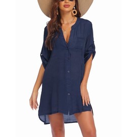 AI'MAGE Women's Swimsuit Cover Ups Shirt V-Neck Button Down Bathing Suit Coverups Beach Tunic Top S-3XL, Navy Blue, XX-Large