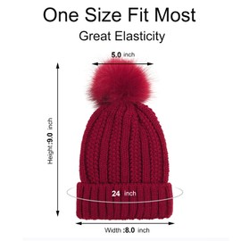 Micoop Winter Knitted Beanie Hat Soft Warm Satin Lined Ski Cuff Cap with Pom Pom for Girls and Women, Red, X-Large
