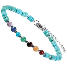 mookaitedecor 7 Chakra Healing Crystal Stone Bracelet for Women Men, Colourful Blue Howlite Turquoise Flat Beads Bracelet Semi Precious Gemstone Stone Jewellery Adjustable Yoga Reiki Link Bangle