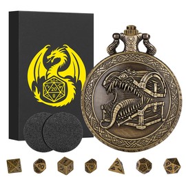 Mini DND Dice Set with Steampunk Tongue Treasure Chest Pocket Watch Shell Case, 7pcs Polyhedral Metal Dice Set, DND Starter Set, D&D Gifts with Gift Box, Role Playing Board Game Accessories, Bronze