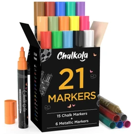 Chalk Markers & Metallic Colors (Pack of 21) Neon Chalk Pens - For Chalkboard, Blackboards, Window, Labels, Bistro, Glass - Wet Wipe Erasable - 6mm Reversible Bullet & Chisel Tip