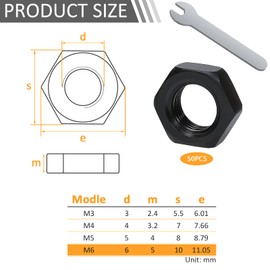 Hex Nut M6 Stainless Steel Nut, Pack of 50 Black Hex Nuts M6, 1 Piece Spanner High-Quality Fasteners for Metal, Wood and More (M6)