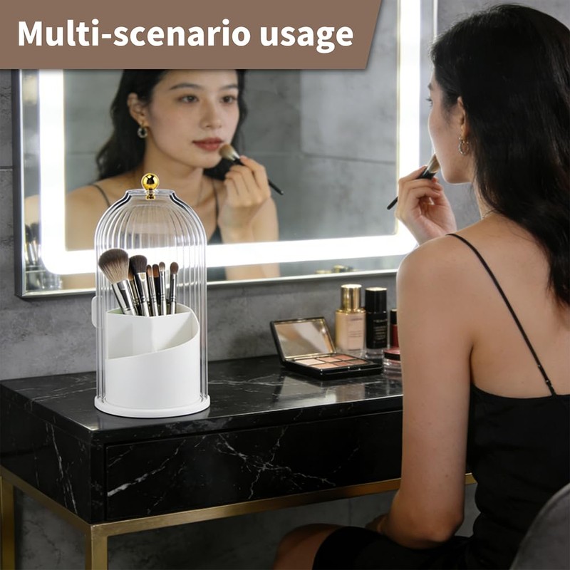 Rotating Toothbrush Holder with Sliding Dustproof Cover, 3-Slot Countertop Bathroom