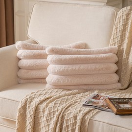 YAERTUN Set of 2 Beige Striped Decorative Cushion Covers 12x20 Inch 30x50 cm Plush Soft Throw Pillow Case with Velvet Back Faux Rabbit Fur Pillow Covers Sofa Couch Bed Livingroom