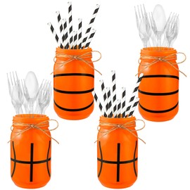 Blushtier 4 Pcs Basketball Theme Mason Jar Centerpieces for Tables 17 oz Mason Jars Basketball Birthday Decorations Painted Mason Jar Decor for Birthday Party Favors Baby Shower Gifts Supplies
